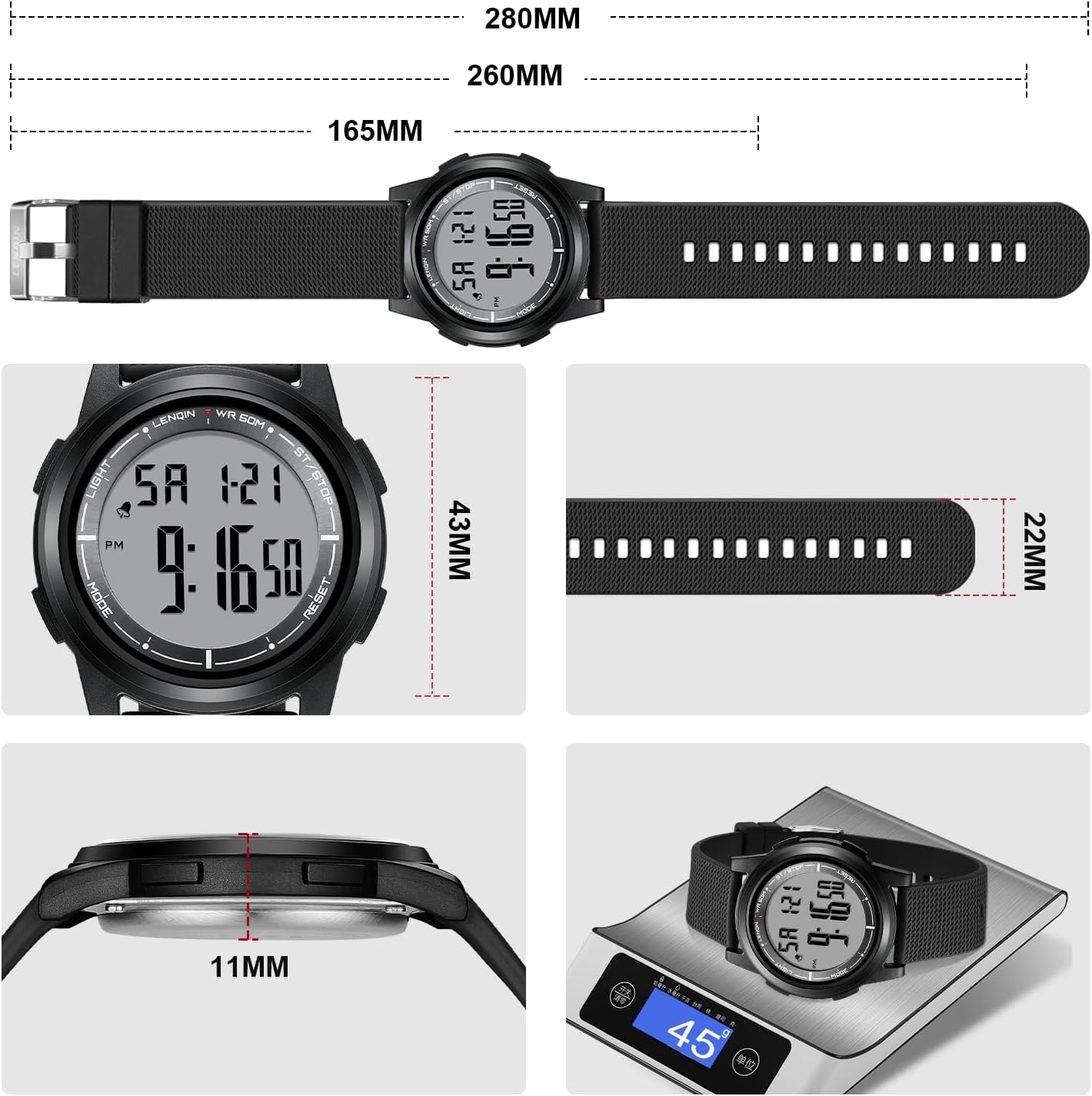 Mens Digital Watch Ultra Thin Minimalist Sports Waterproof Outdoor LED Screen Large Face Wrist Watches for Men with Back Light Alarm Date Stopwatch