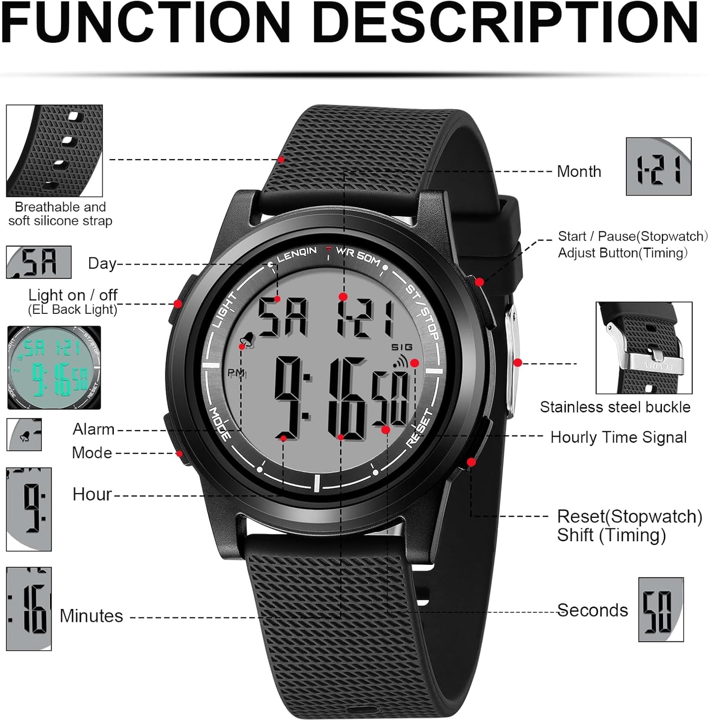 Mens Digital Watch Ultra Thin Minimalist Sports Waterproof Outdoor LED Screen Large Face Wrist Watches for Men with Back Light Alarm Date Stopwatch