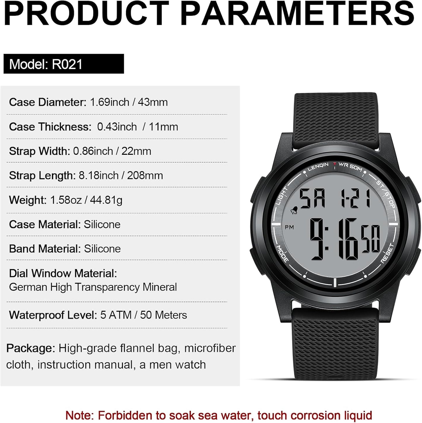 Mens Digital Watch Ultra Thin Minimalist Sports Waterproof Outdoor LED Screen Large Face Wrist Watches for Men with Back Light Alarm Date Stopwatch