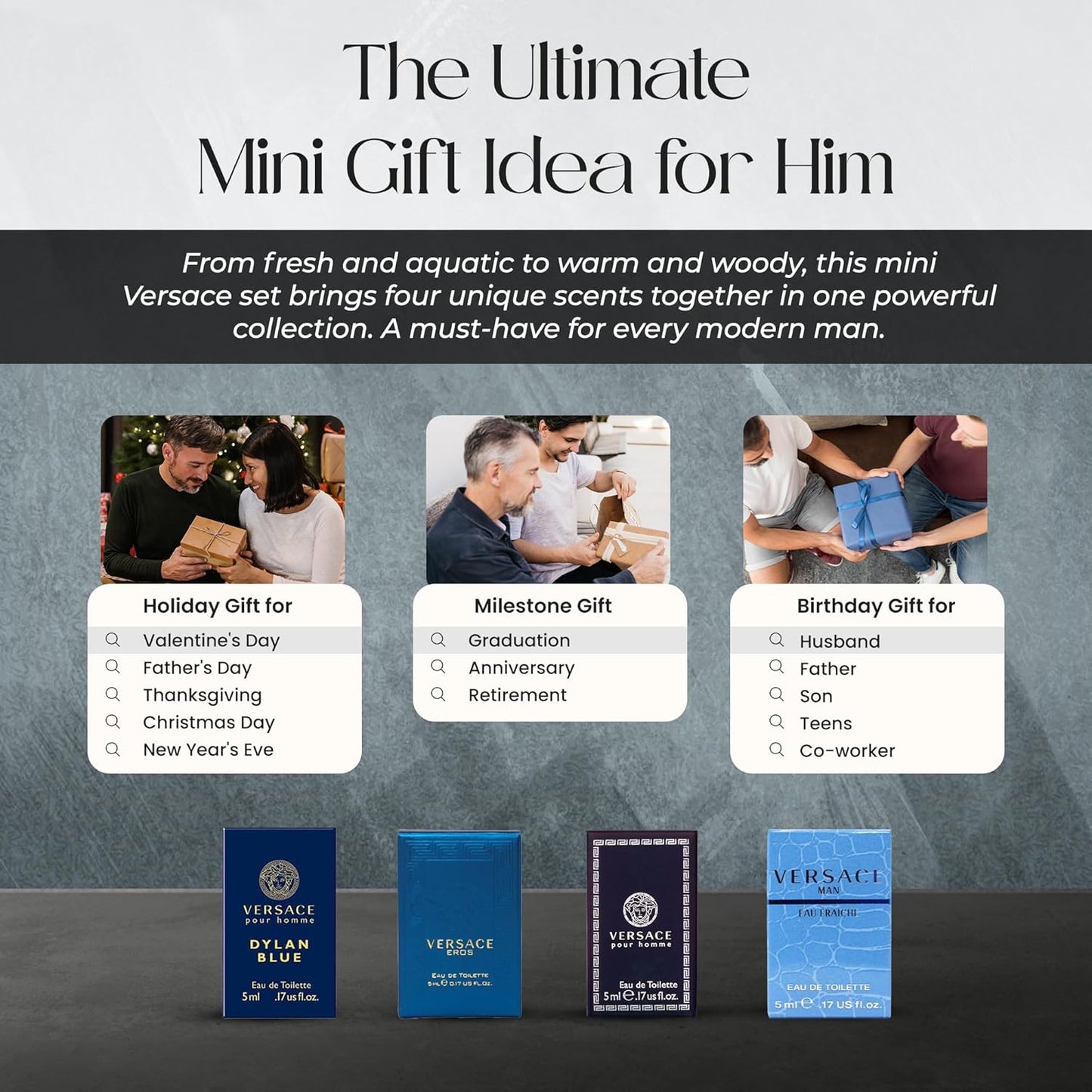 Cologne for Men Set of 4 Mini Eros, Pour Homme, Dylan Blue, Eau Fraiche Perfume for Men Fragrance Sampler Set - Designer Mens Cologne Samples (4 Count, 0.17 Oz)