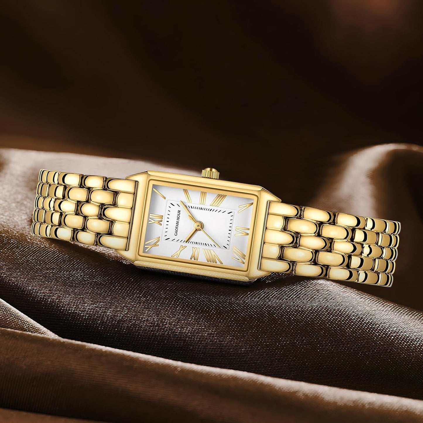 Gold Watches for Women with Vintage Rectangular Case,White Roman Dial,Stainless Steel Band,Adjustment Tool Included,Water Resistant