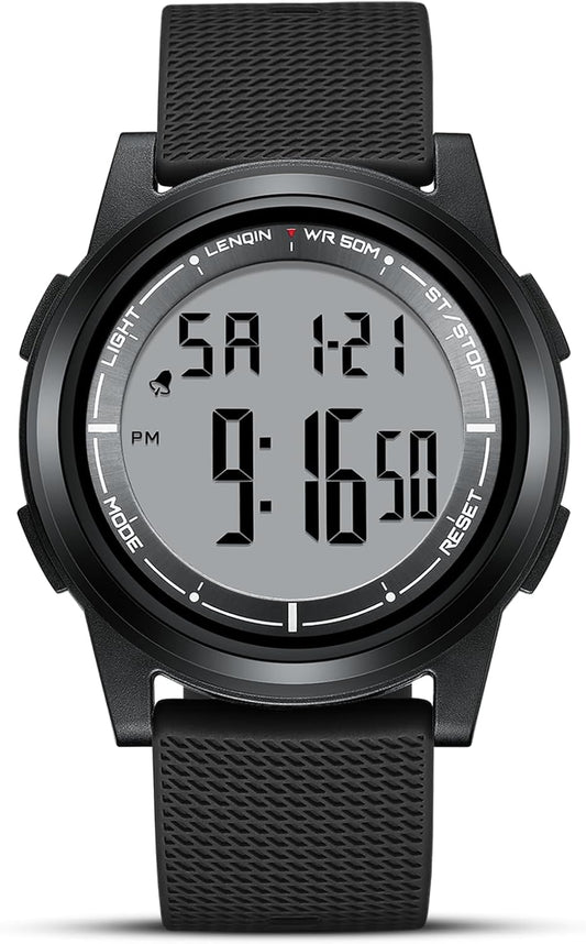 Mens Digital Watch Ultra Thin Minimalist Sports Waterproof Outdoor LED Screen Large Face Wrist Watches for Men with Back Light Alarm Date Stopwatch