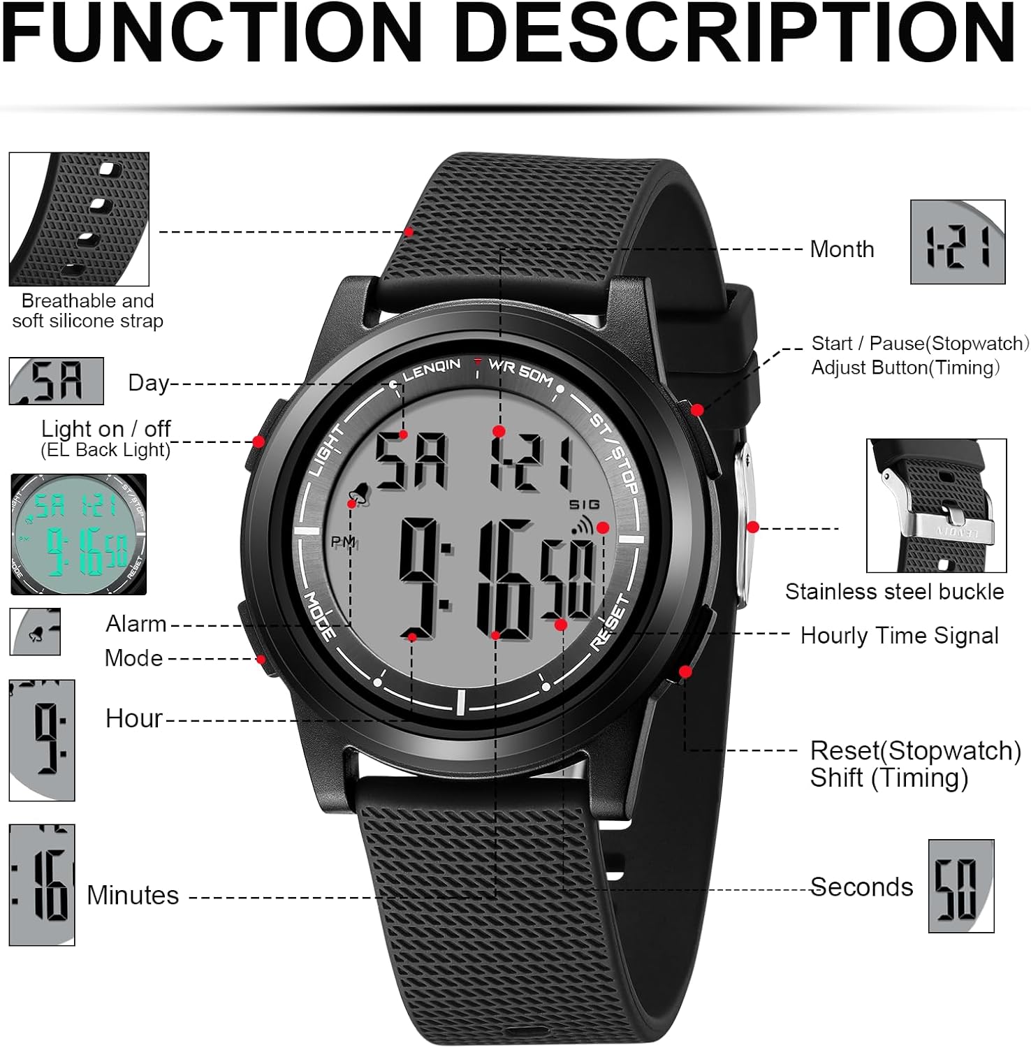 Mens Digital Watch Ultra Thin Minimalist Sports Waterproof Outdoor LED Screen Large Face Wrist Watches for Men with Back Light Alarm Date Stopwatch
