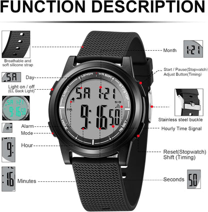 Mens Digital Watch Ultra Thin Minimalist Sports Waterproof Outdoor LED Screen Large Face Wrist Watches for Men with Back Light Alarm Date Stopwatch