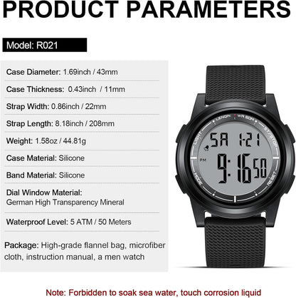 Mens Digital Watch Ultra Thin Minimalist Sports Waterproof Outdoor LED Screen Large Face Wrist Watches for Men with Back Light Alarm Date Stopwatch